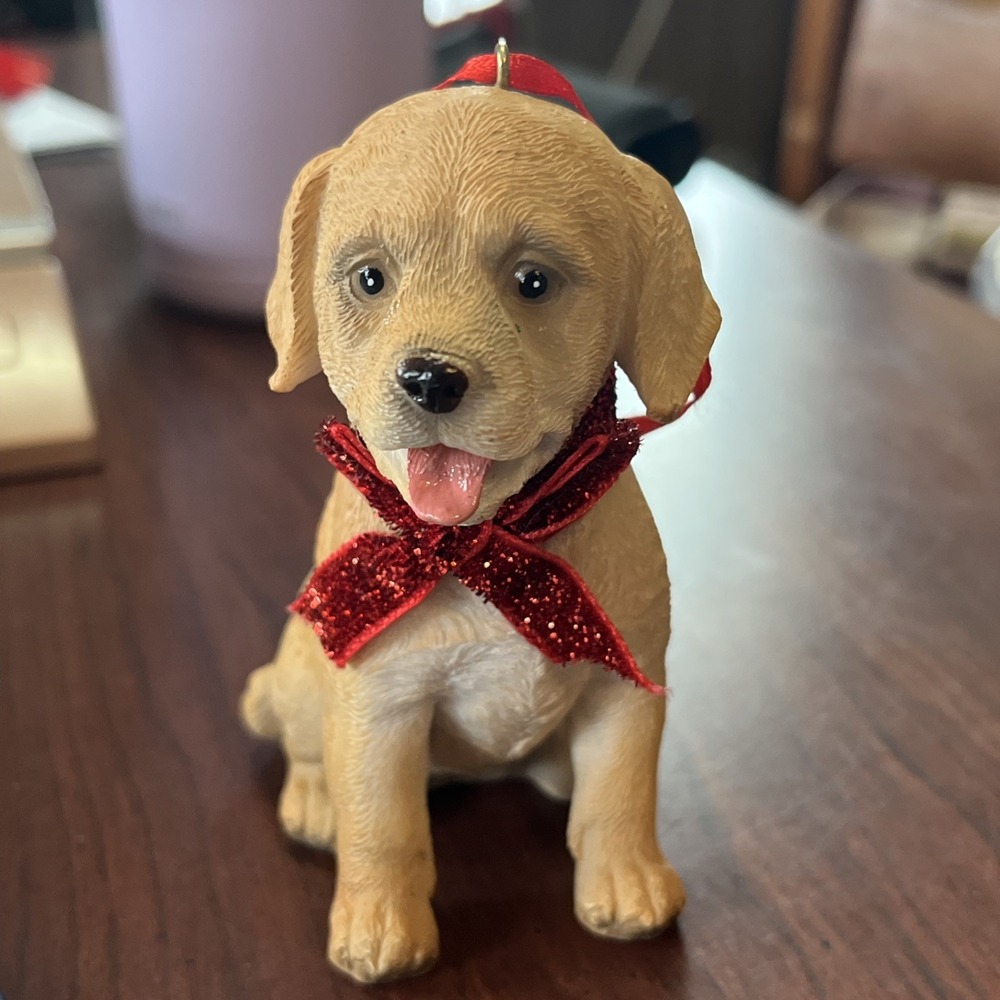4" Yellow Lab Labrador Retriever with Red Ribbon Puppy Dog Christmas‎ Ornament